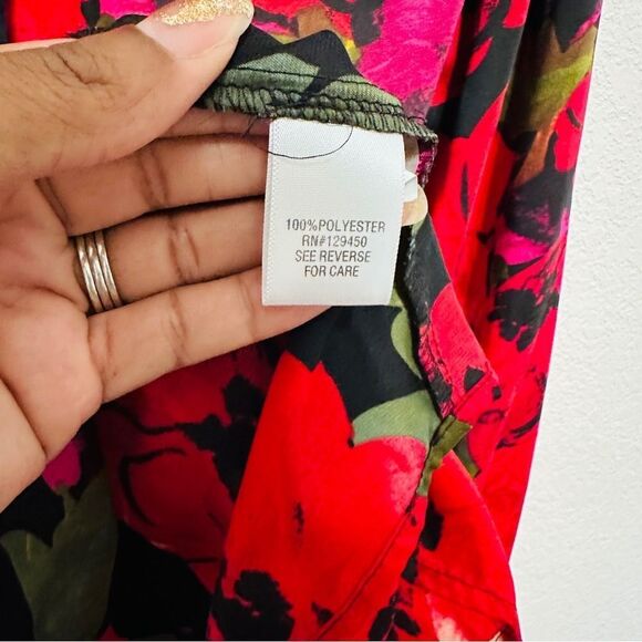 90s Red Black Floral Blouse - Oversized Poppy Print - Dark Winter Floral - M - Picture 8 of 9